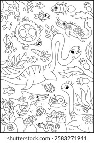 Vector black and white marine dinosaur landscape illustration. Cute line prehistoric aquatic scene with ancient water animals, seaweeds. Funny ocean coloring page with plesiosaurus
