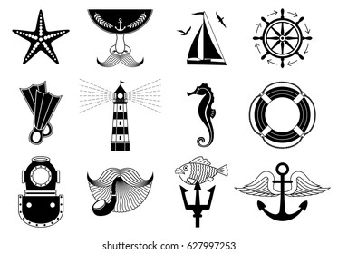 Vector black and white marine icons set. Nautical travel symbol