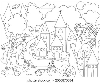 Vector del paisaje de pueblo medieval blanco y negro con princesa y unicornio. Página de coloreo del reino mágico. Edificio de líneas de piedra y madera rodeado de una mágica ilustración forestal
