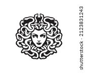 Vector Black and White Medusa Gorgon Woman Head with snakes Illustration