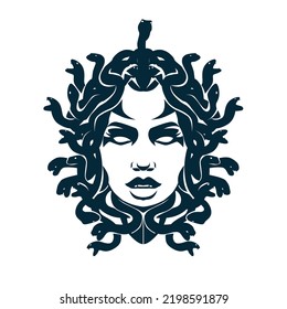 Vector Black and White Medusa Gorgon Woman Head with snakes Illustration