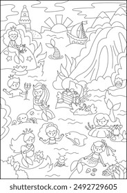 Vector black and white mermaid land landscape illustration. Marine prince and princess lagoon background with waterfall, rocks, treasure chest. Fairytale vertical line scene or coloring page
