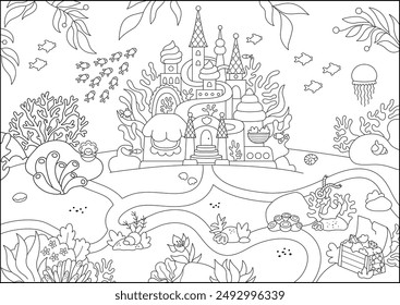 Vector black and white mermaid land landscape illustration with castle, fish, seaweeds, treasure. Under the sea or ocean kingdom line scene. Cute horizontal water nature background or coloring page
