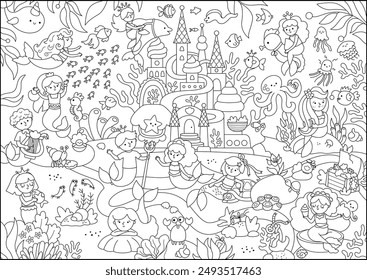 Vector en blanco y negro sirena ilustración de la tierra con castillo, peces, algas, tesoro, princesa. Bajo el mar, escena de la línea del reino del océano, página para colorear. Horizontal fondo de cuento de hadas