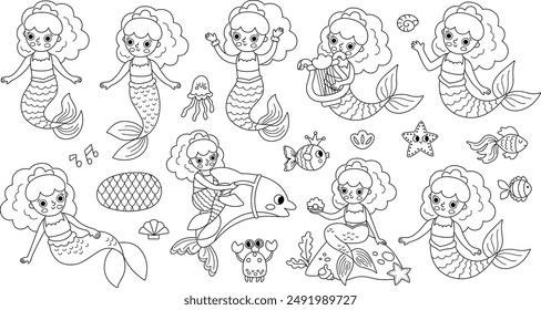 Juego de sirenas blanco y negro de Vector. Colección del reino submarino con la princesa del océano. Caricatura marina de cuento de hadas personaje para niños. Clipart de línea de aventuras acuáticas o página para colorear con sirena
