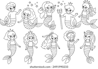 Vector black and white mermaids set. Underwater kingdom line collection with ocean princess, prince. Cartoon marine fairytale coloring page for kids. Water adventures clipart with sirens, mermen
