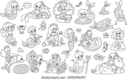 Vector black and white mermaids set. Underwater kingdom collection with ocean princess, prince. Fairytale line characters for kids. Water adventures clipart, coloring page with sirens
