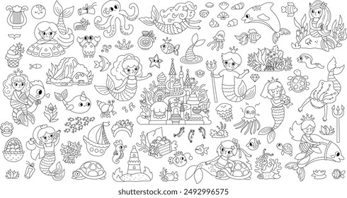 Juego de sirenas blanco y negro de Vector. Colección submarina del reino con la princesa, los peces, el castillo, las algas, los animales tesoro. Personajes de línea de cuento de hadas para niños. Clipart de aventuras acuáticas
