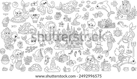 Vector black and white mermaids set. Underwater kingdom collection with princess, fish, castle, seaweeds, animals treasure. Fairytale line characters for kids. Water adventures clipart
