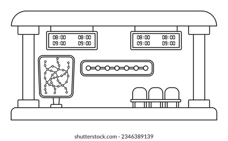 Icono vector de la estación de metro en blanco y negro. Parada subterránea de caricaturas. Línea de transporte del metro de la ciudad, clipart o página de coloreado con sillas de horarios y mapa. Punto de destino cómodo
