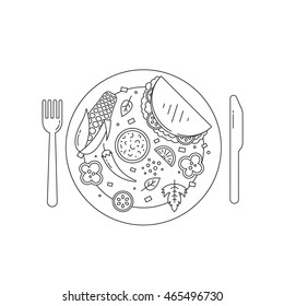 Vector black and white mexican traditional food in a plate with fork, knife isolated on white background. Mexican lunch in linear style. Perfect for restaurant or cafe, menu.