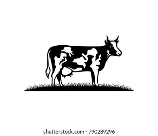 Vector Black and White Milch Cow on the Grass Illustration Hand Drawing Logo Animal Symbol Company 