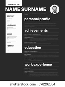 Vektorschwarz-weißer minimalistischer cv / Lebenslauf-Vorlage mit schönem Typografie-Design - umgekehrte Version
