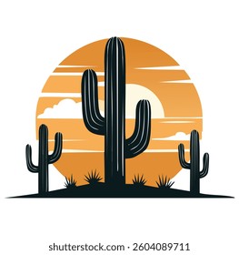 Vector Black and White Minimalist Desert Landscape with Iconic Saguaro Cactus Silhouettes and Arid Scenery