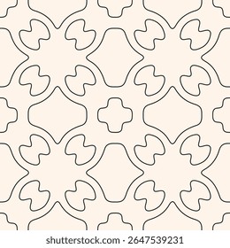 Vector black and white minimalist linear ornament. Abstract geometric seamless pattern with outline floral silhouettes, grid, curved lines. Simple monochrome minimal background. Endless modern texture