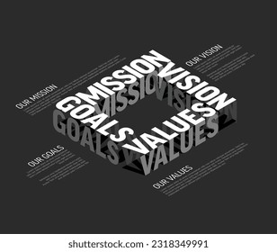 Vector black and white minimalistic Mission, vision, values and goals diagram schema infographic with sample placed texts on a dark background