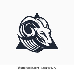 Vector black and white modern graphic logo of a stylized head of a goat, lamb, ram. Sport gaming mascot logotype template.