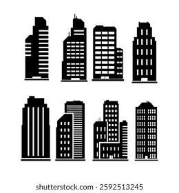 Vector Black and White Modern Office City Buildings Silhouette Icon Set