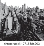 Vector black and white or monochrome banner with New York,  cityscape, skyscrapers and buildings. USA illustration in grunge style. T-shirt design, tourist signboard, tourist postcard. Not AI.