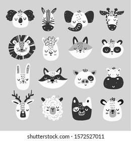 Vector Black And White Monochrome Hand-drawn Set With Cute Animals In Scandinavian Style On A Gray Background. Vector Set With Animal Heads. Cute Baby Animals. Stock Vector Illustration.