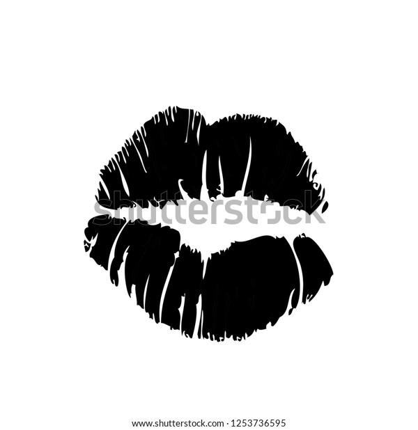 白い背景に女性の口紅キスマークの印刷シルエットのベクター白黒イラスト バレンタインデーのアイコン サイン シンボル デザイン用のクリップアート のベクター画像素材 ロイヤリティフリー