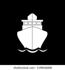 Vector black and white monochrome silhouette illustration of sailing ship front view icon isolated on black background.