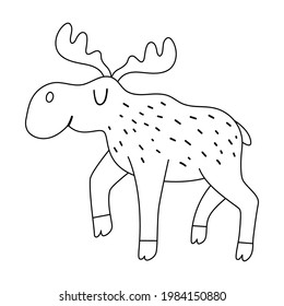 Vector Black And White Moose. Funny Woodland Animal. Cute Forest Line Illustration For Kids Isolated On White Background. Adorable Outline Walking Elk Icon
