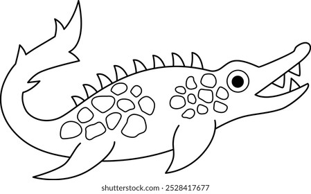 Icono de mosasaurus blanco y negro Vector. Ilustración de línea de dinosaurio acuático para niños. Cocodrilo o cocodrilo Clipart dino aislado sobre fondo blanco. Dibujos animados de animales marinos prehistóricos para colorear
