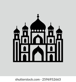 Vector Black and White Mosque Illustration with Domes and Minarets