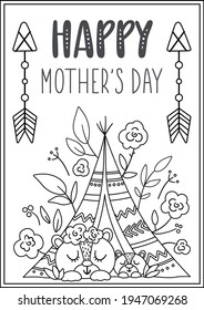 Vector black and white Mothers Day card with cute boho animal. Pre-made design or coloring page with woodland baby cub and mother. Bohemian style line poster with bear family in wigwam 
