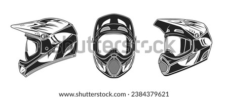 Vector black and white mountain biking full face helmets with goggles