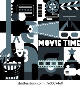 Vector black and white movie concept. Retro cinema festival geometric pattern. Backgrounds and design elements for poster, entrance theatre ticket, flyer. Film and entertainment creative illustration.