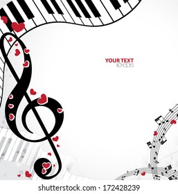 Vector black and white music background with treble clef of heart shaped