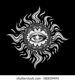 Vector Black and White Mystery Seeing Eye Illustration on Black Background