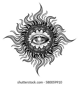 Vector Black and White Mystery Seeing Eye Illustration on White Background