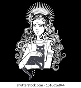 Vector Black and White Mystery Woman with Cat Illustration