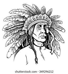 Vector Black and White Native American in Chief Headdress