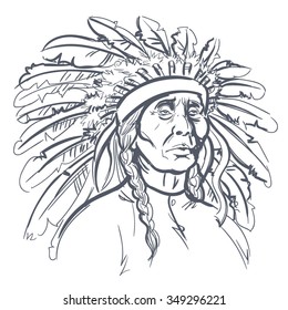 Vector Black and White Native American in Chief Headdress Sketch