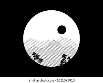 vector black and white nature landscape. outline illustration of mountains ans trees