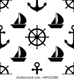 Vector black and white nautical seamless pattern. Cute design