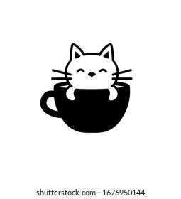 Vector black and white, negative space logo design concept with cute kitten sitting in the cup. 