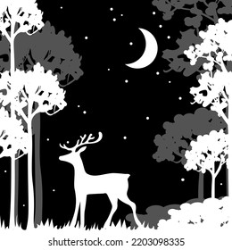 Vector black and white night landscape with silhouettes deers, moon and tree.