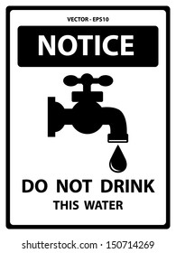 Vector : Black and White Notice Plate For Safety Present By Notice and Do Not Drink This Water Text With Tap Water Or Water Supply Sign Isolated on White Background 