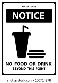 Vector : Black and White Notice Plate For Safety Present By Notice and No Food Or Drink Beyond This Point Text With Fast Food Sign Isolated on White Background 