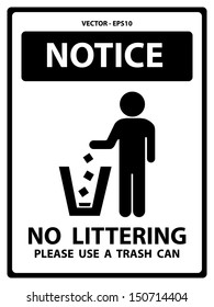Vector : Black and White Notice Plate For Safety Present By Notice and No Littering Please Use A Trash Can Text With Littering Sign Isolated on White Background 