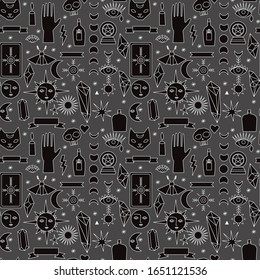 Vector black and white occult witch and magic repeat seamless pattern background. Perfect for fabric, print on demand, wallpapers and grafting projects.