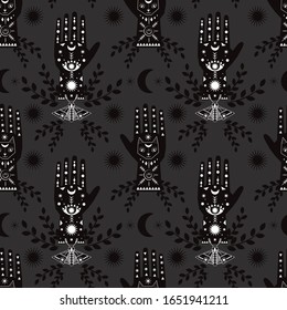 Vector black and white occult witch and magic repeat seamless pattern background. Quiromancy and good luck charms.