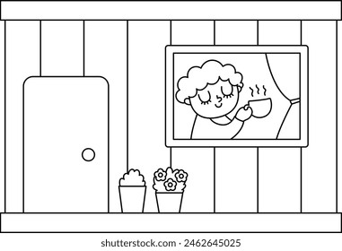 Vector black and white office container with window. Builder hut with man drinking tea. Construction site or works icon. Industrial house line illustration or coloring page for kids
