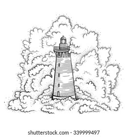 Vector Black and White Old Style Lighthouse Illustration