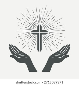 Vector Black and White Open Hands with Cross. Symbol of Faith and Prayer. Design Template for Church Logo. Prayer, Religion Concept. Monochrome Cut Out Silhouette Icon. Vector Illustration